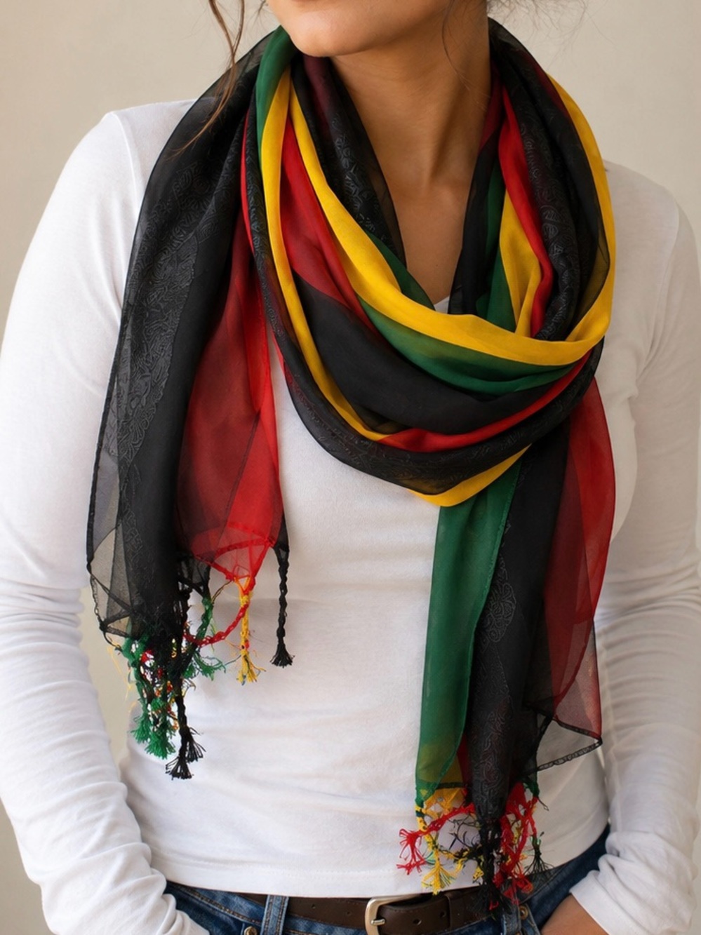 Source Unknown Black, Red, Green and Yellow Lightweight Scarf with Tassels